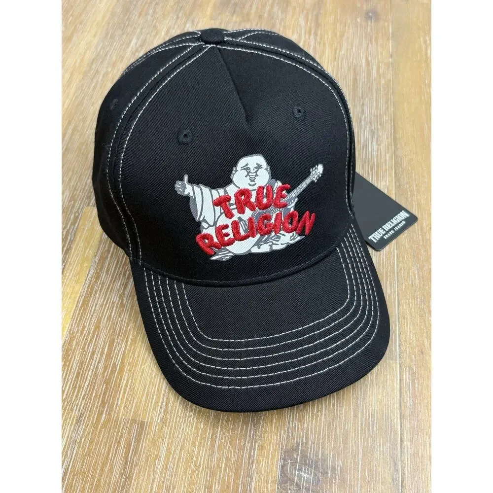 True Religion Buddha Trucker Hat Black Snapback Cap Mens One Size NWT Original